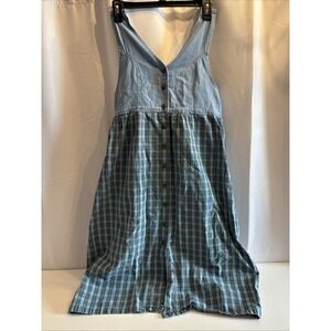 VTG Erika Classics Denim Plaid Maxi Dress Sleeveless Button Front Size S Granny